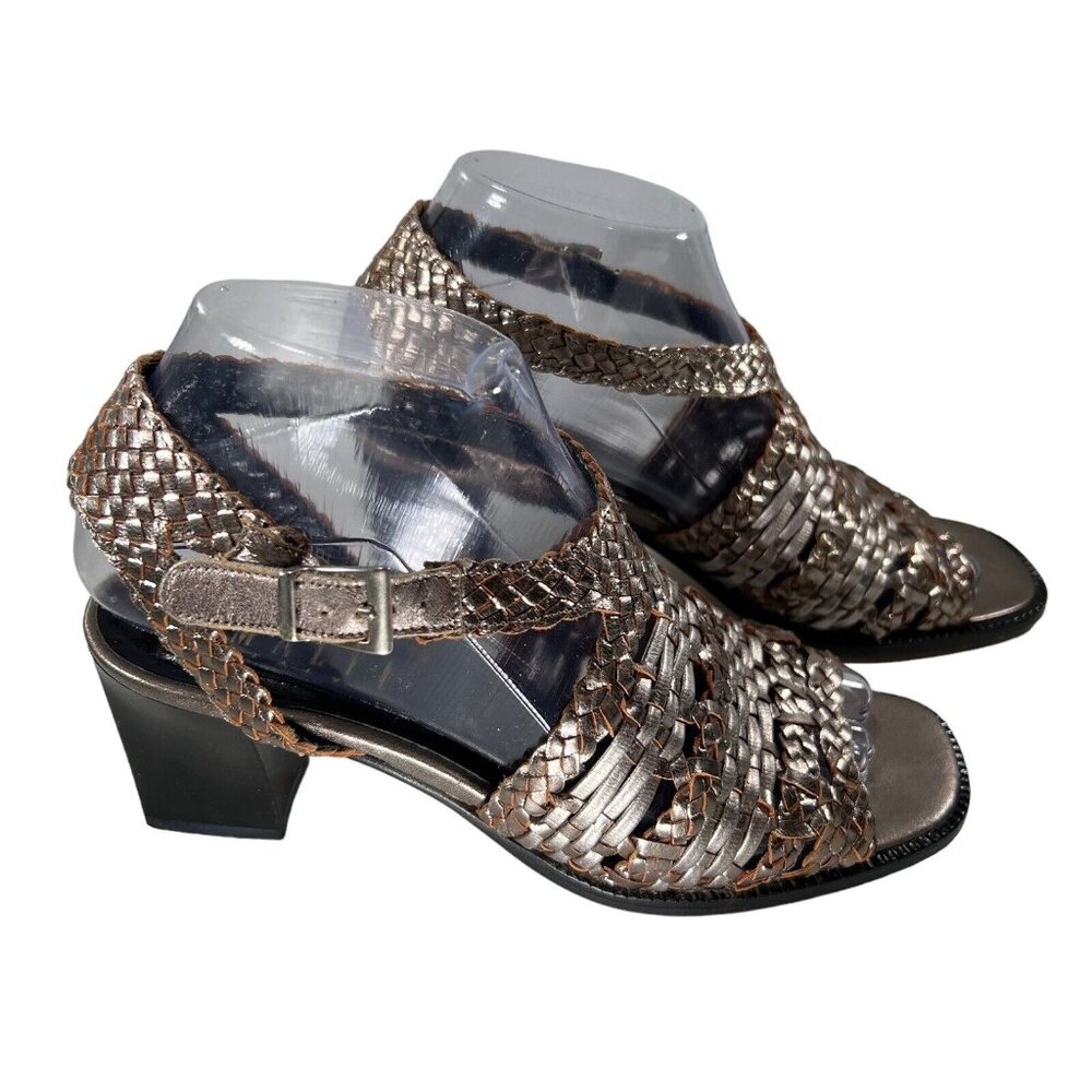 Amalfi Metallic Woven Leather Sandals Block Heel Italy Sz 7 B Strappy Open Toe - Picture 2 of 13